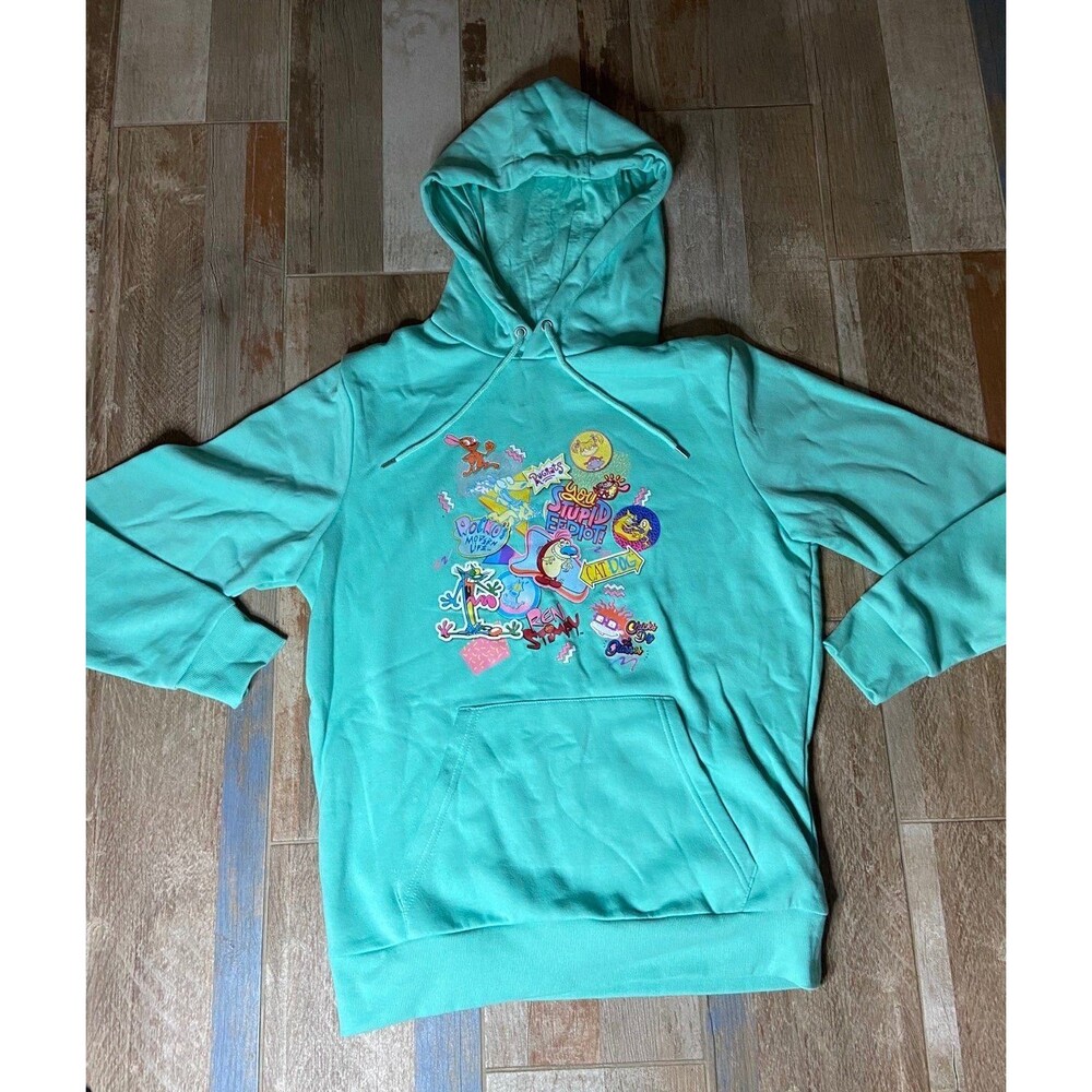Nickelodeon 90’s Nick Toons Teal Hoodie Rugrats, Ren and Stimpy, CatDog, Rocko L